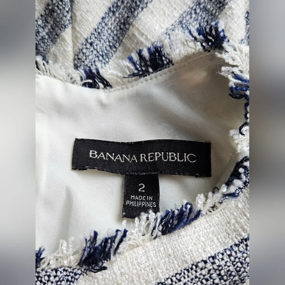 Banana Republic Tweed Tassle Asymmetrical Hem Belted Blue/Cream Stripe Dress 2 - Picture 6 of 7